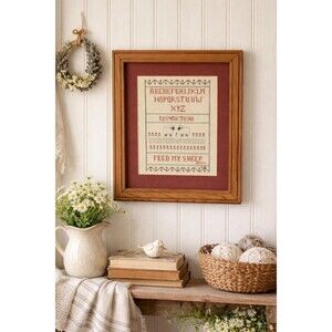 Vintage Framed Cross Stitch ABC Sampler, Feed My Sheep Sentiment